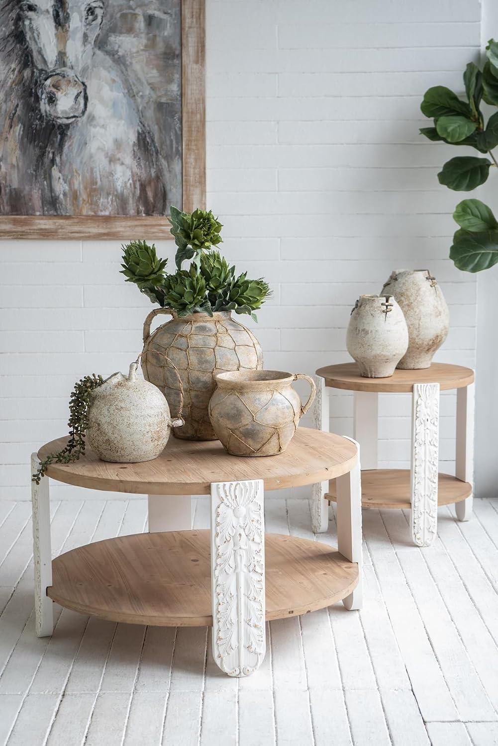 20'' Wood Side Table End Table 2-Tier for Living Room, Modern Contemporary Farmhouse Style for Bedroom, Carved Leg & Easy Assembly, Brown & White