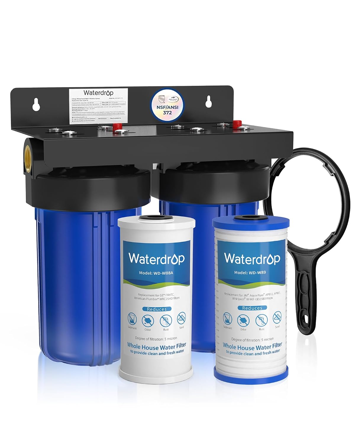 Waterdrop WHF21-PG 2-Stage Whole House Water Filter System, Highly Reduces Lead, Chlorine, Odor and Taste, 5-Stage Filtration, with Carbon Filter and Sediment Filter, 5 Micron, 1' Inlet/Outlet