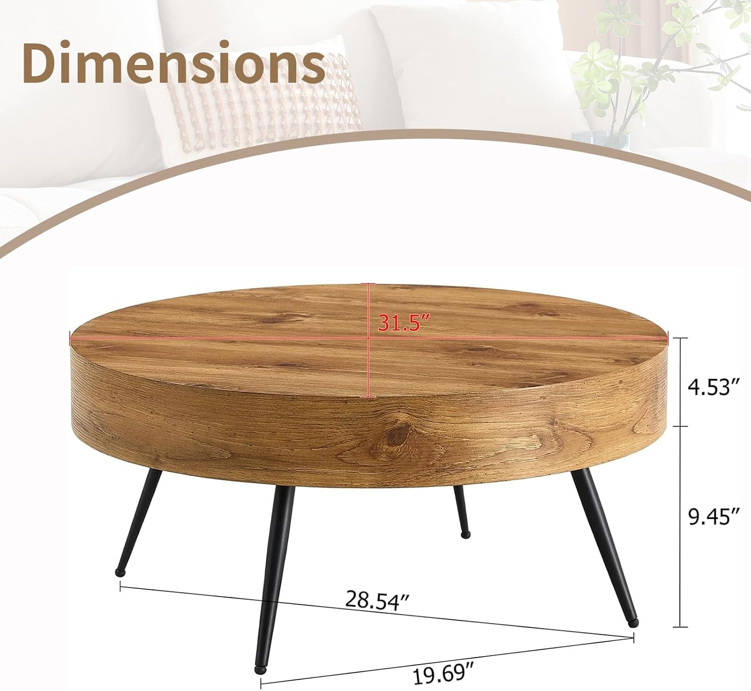 Round Coffee Table, Small Wood Coffee Table with Storage, Modern Mid Century Circle Tables Accent Center Tables for Living Room Apartment Small Space (31.5''D-Brown)