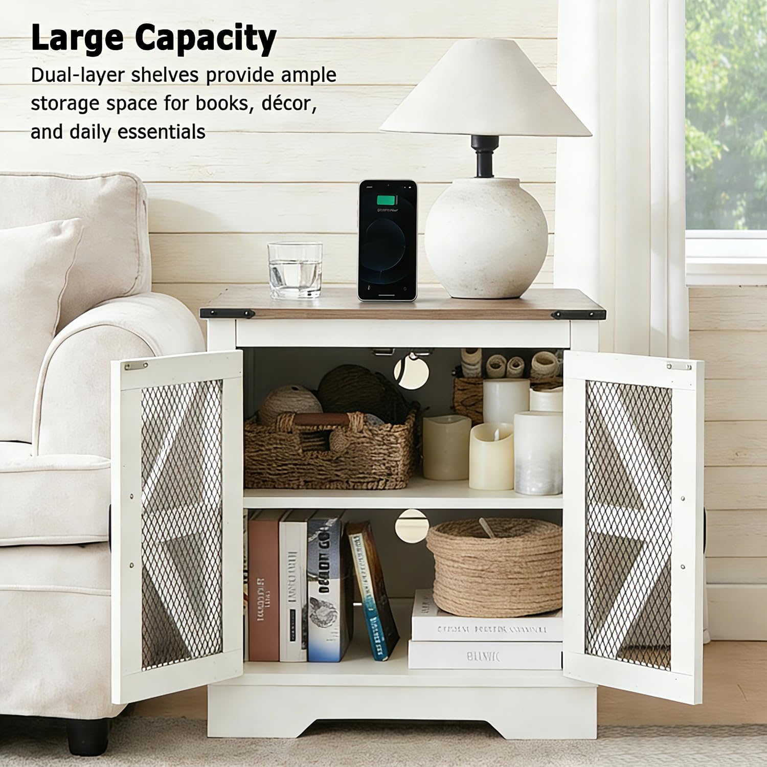 White Farmhouse End Table Set of 2, 21' Wood Sofa Side Table with Charging Station, Rustic Nightstand with Mesh Barn Door for Living Room, Square