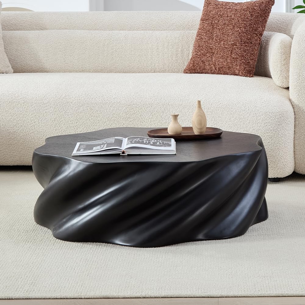 WILLIAMSPACE 35.43' Coffee Table with Flower Shaped, Modern Drum Center Table Fiberglass Faux Stone Tea Table for Living Room Apartment, No Assembly (Black)