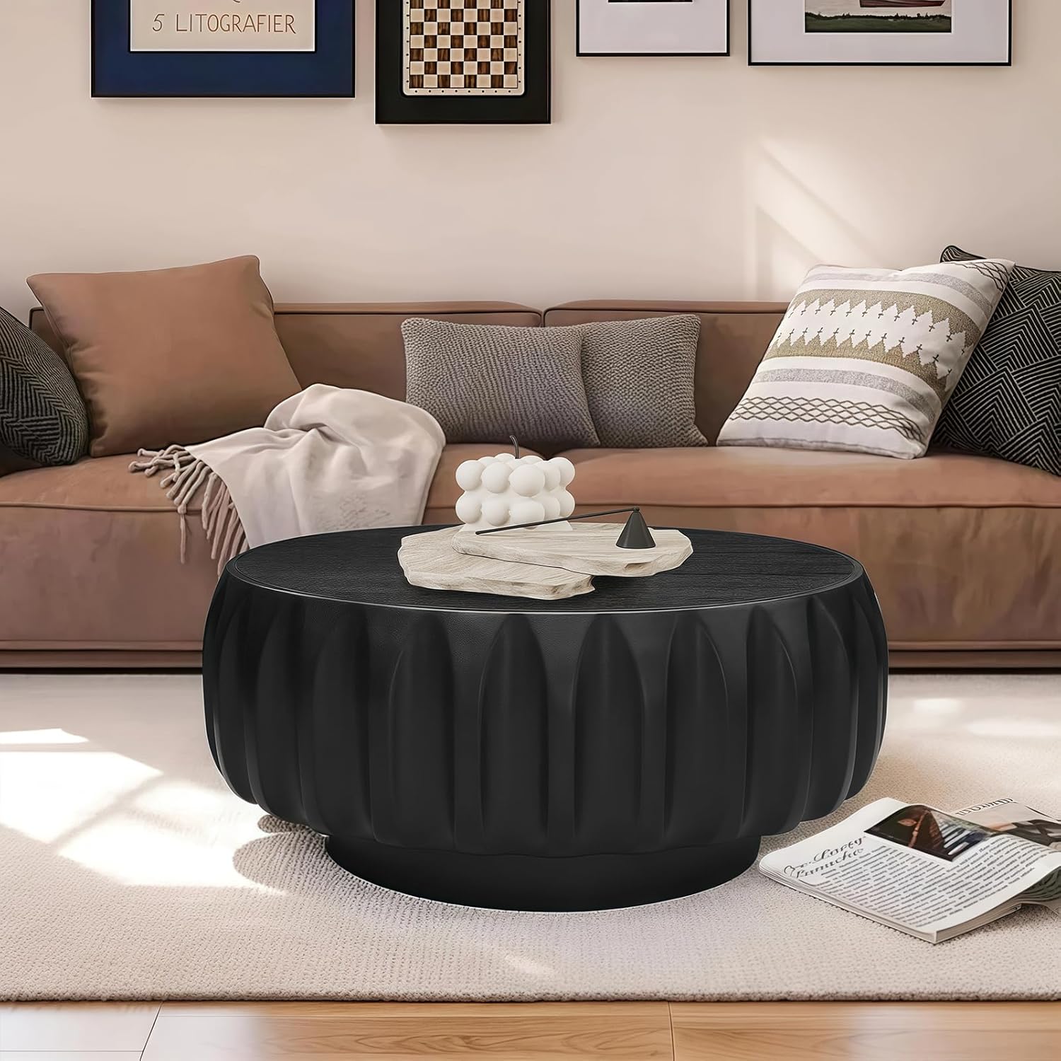 Round Wood Coffee Table, Handcraft Drum Tea Center Table for Living Room, Modern Circle Wooden Cocktail Table for Small Space, Easy Assembly