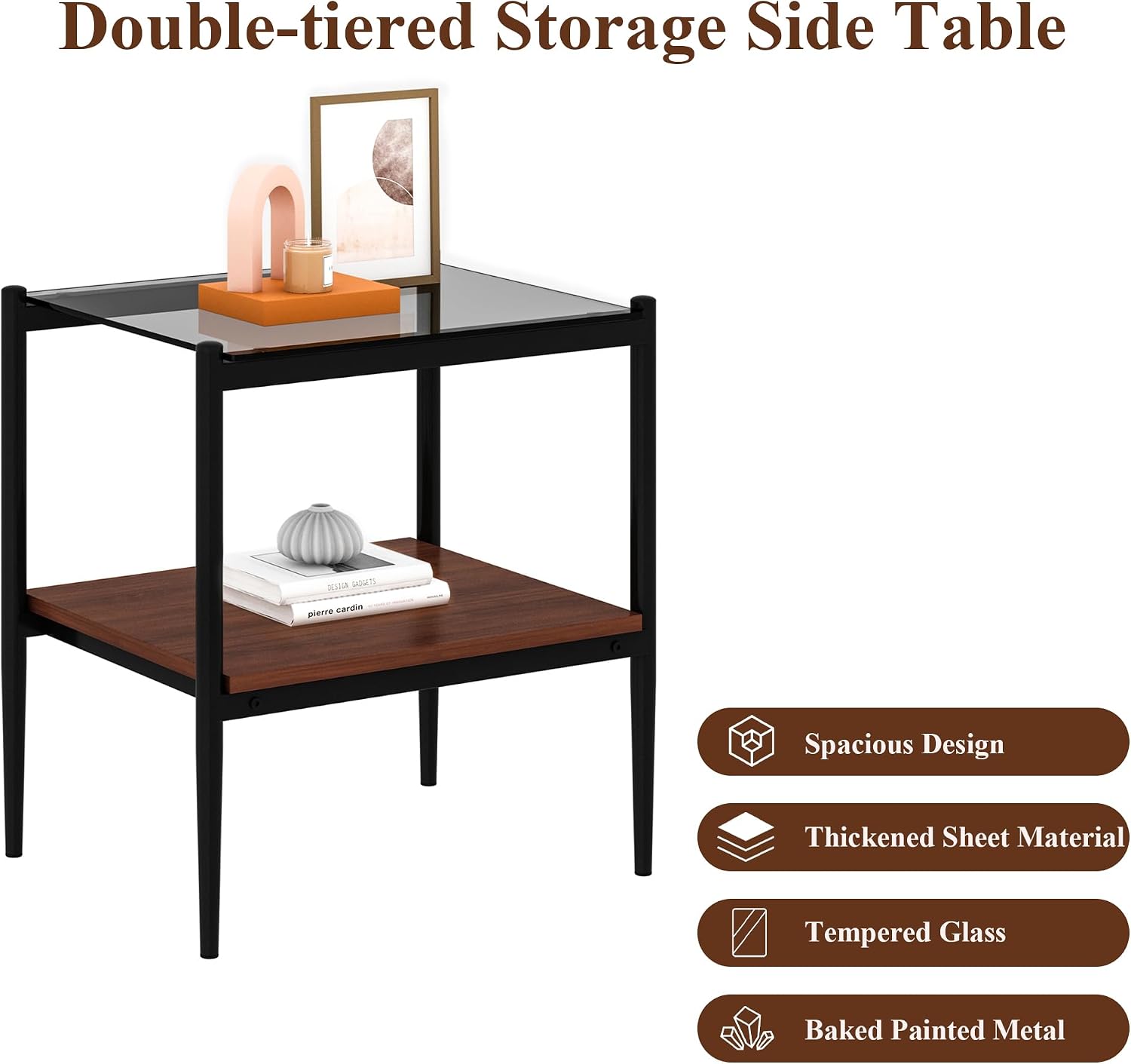 Grey Glass Coffee Table Sets of 3 Modern Living Room Table Set End Tables with Black Metal Legs and Walnut Bottom Shelf, Center Cocktail Furniture (Grey Brown)