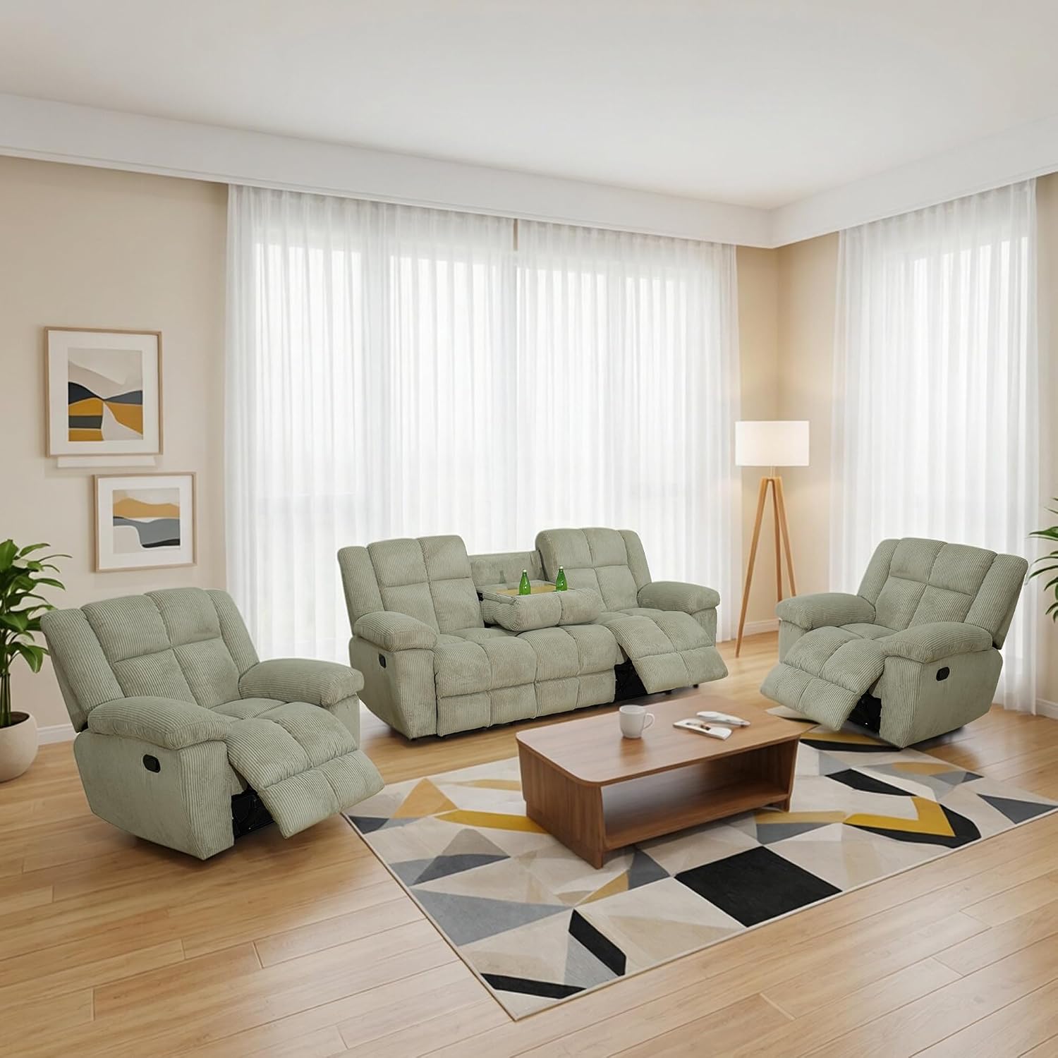 Corduroy Fabric Recliner Sofa Set, 3 Piece Living Room Furniture Set, Manual Reclining Sofa Loveseat Chair Set with Cup Holders/Storage/Drop Down Table (Beige, Sofa+Two Cahirs)