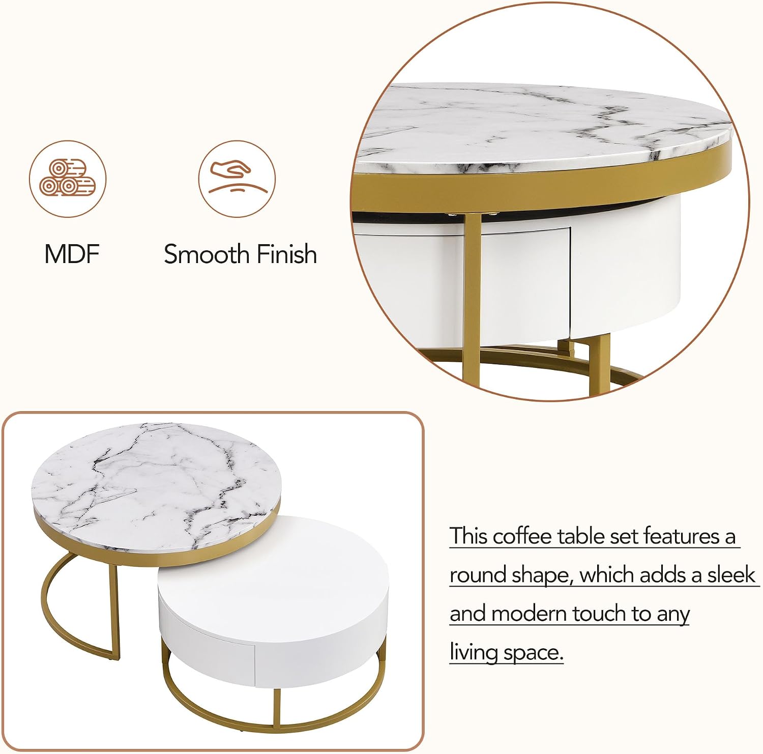 Modern Round Nesting Coffee Table with Drawers in White, Circle Coffee Tables for Living Room