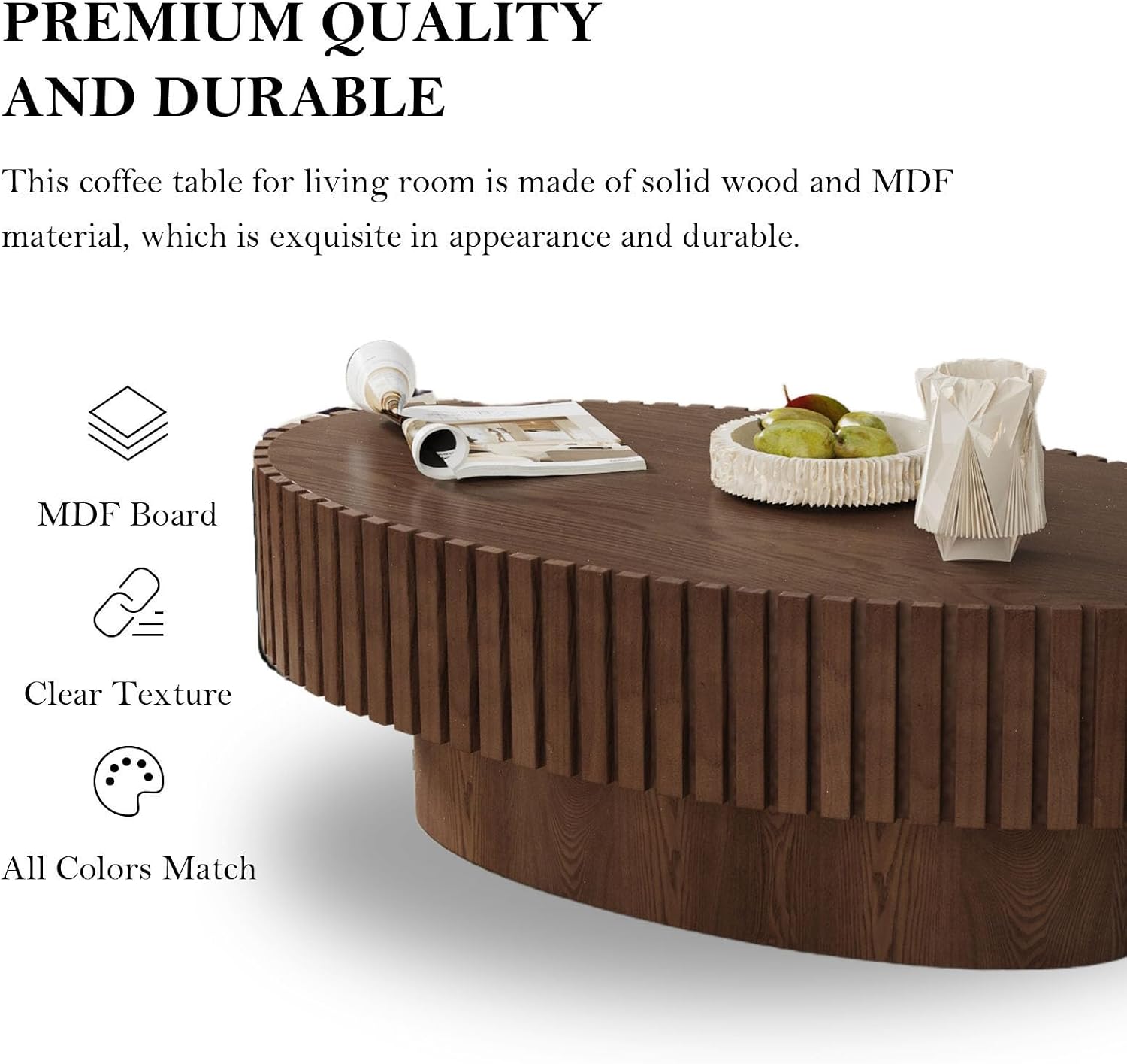Oval Coffee Table, Handcrafted Fluted Drum Coffee Tables Modern Wood Coffee Table Drum Center Table for Living Room, Apartment (Oval Brown)