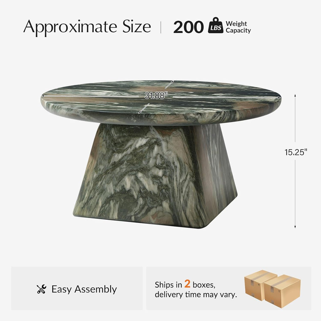 HULALA HOME Modern 31.88' Round Coffee Table with Stone-Look Finish and Sculpted Pedestal Base, Stylish Living Room Center Table(Green)