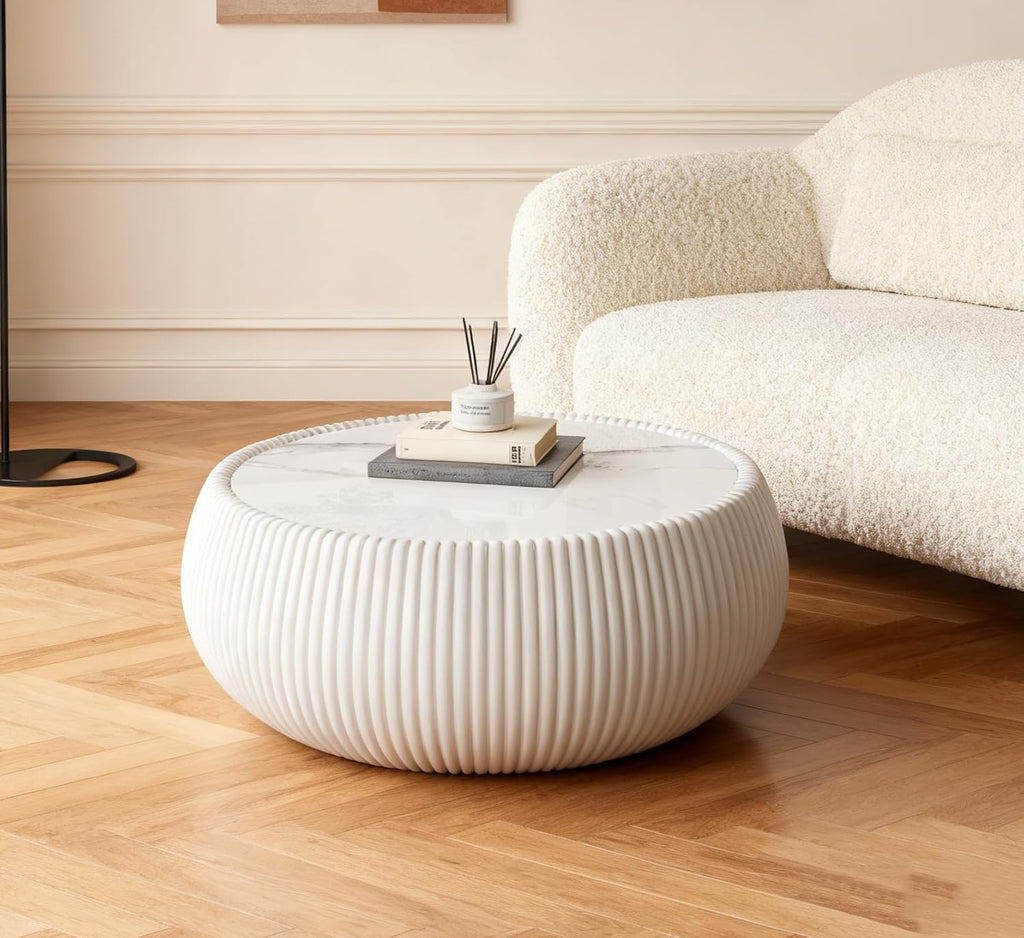 Modern Round Coffee Table Luxury Sintered Stone Top Coffee Table in Cream White Leatherette Creative Drum-Shape Cocktail Center Table for Living Room Bedroom,Fully Assembled