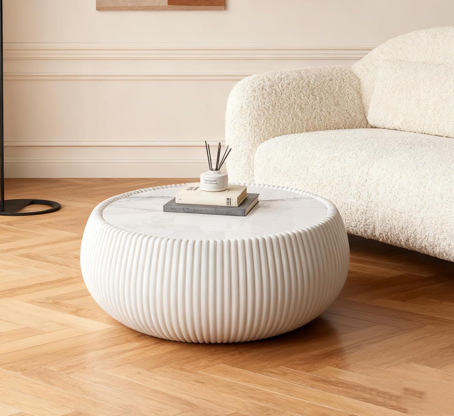 Modern Round Coffee Table Luxury Sintered Stone Top Coffee Table in Cream White Leatherette Creative Drum-Shape Cocktail Center Table for Living Room Bedroom,Fully Assembled