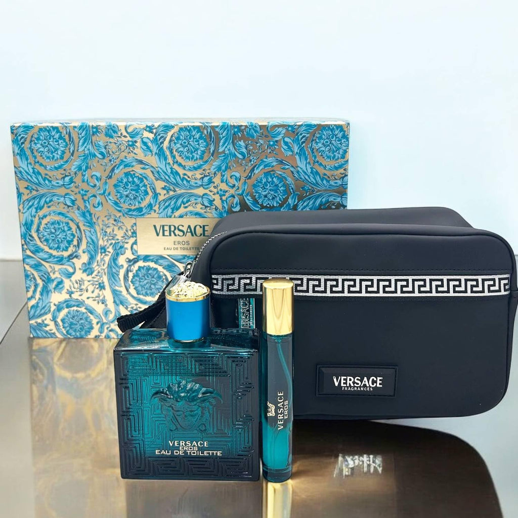 Versace Eros by Versace for Men - 3 Pc Gift Set 3.4oz EDT Spray, 10ml EDT Spray, Blue Trousse