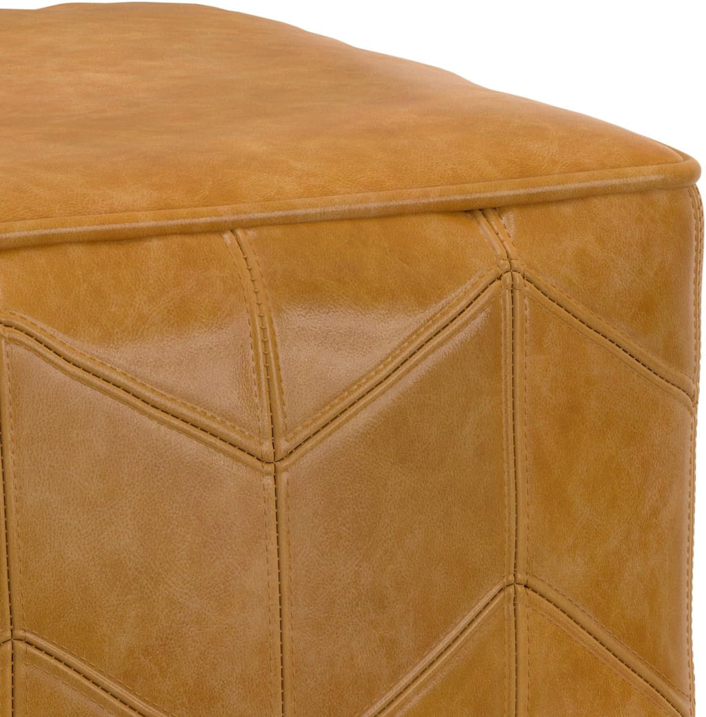 SIMPLIHOME Morden Square Pouf - 18 inch Wide Upholstered Genuine Leather Ottoman in Brown, Contemporary Footstool or Extra Seating for Living Room or Bedroom with Chevron Pattern, Assembled