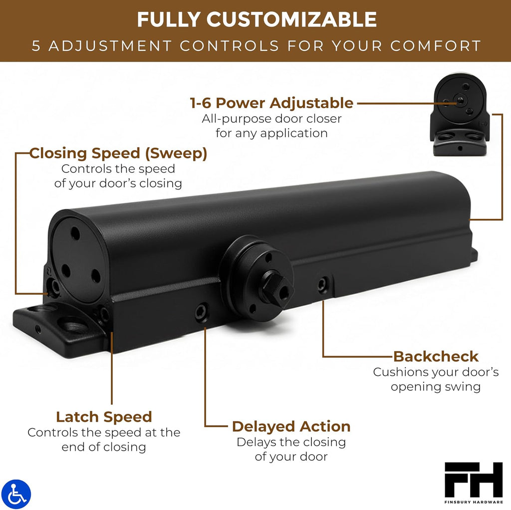 Finsbury Commercial Black Door Closer Automatic Heavy Duty High Traffic Adjustable ANSI/BHMA Grade 1 Standard, UL Listed ADA Compliant Hydraulic Backcheck Delayed Action Latch Speed 1-6 Power (Black)