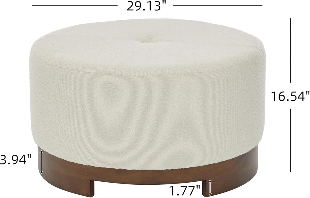 Christopher Knight Home Monroe Boucle Upholstery Round Ottoman, Living Room Sofa Ottoman with Wood Frame, Accent Small Foot Stool, Round Coffee Table, No Assembly Needed, Beige + Dark Walnut