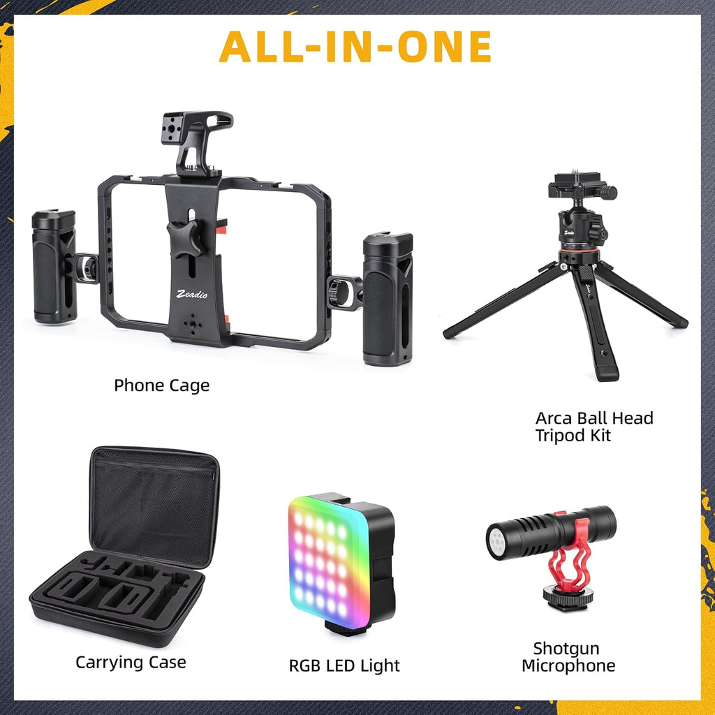 Zeadio All-in-One Phone Video Vlogging Kit, Versatile Video Cage with RGB Light, Mic, Arca Ball Head Tripod, Handheld Stabilizer for YouTube/TikTok/Live Streaming, Compatible with All Smartphones