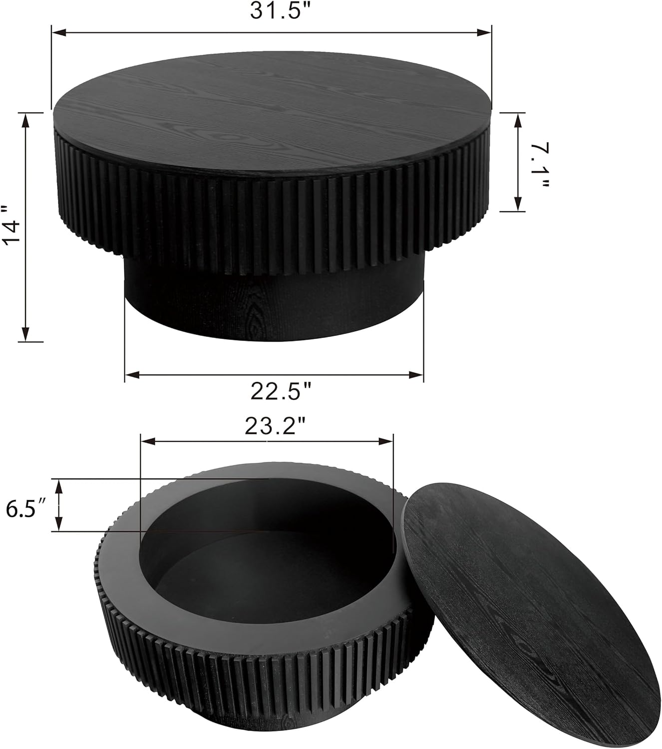 31.49' Round Coffee Table with Storage for Living Room, Modern Wooden Coffee Table Circle Center Table with Solid Wood Veneered, Easy Assembly, Black