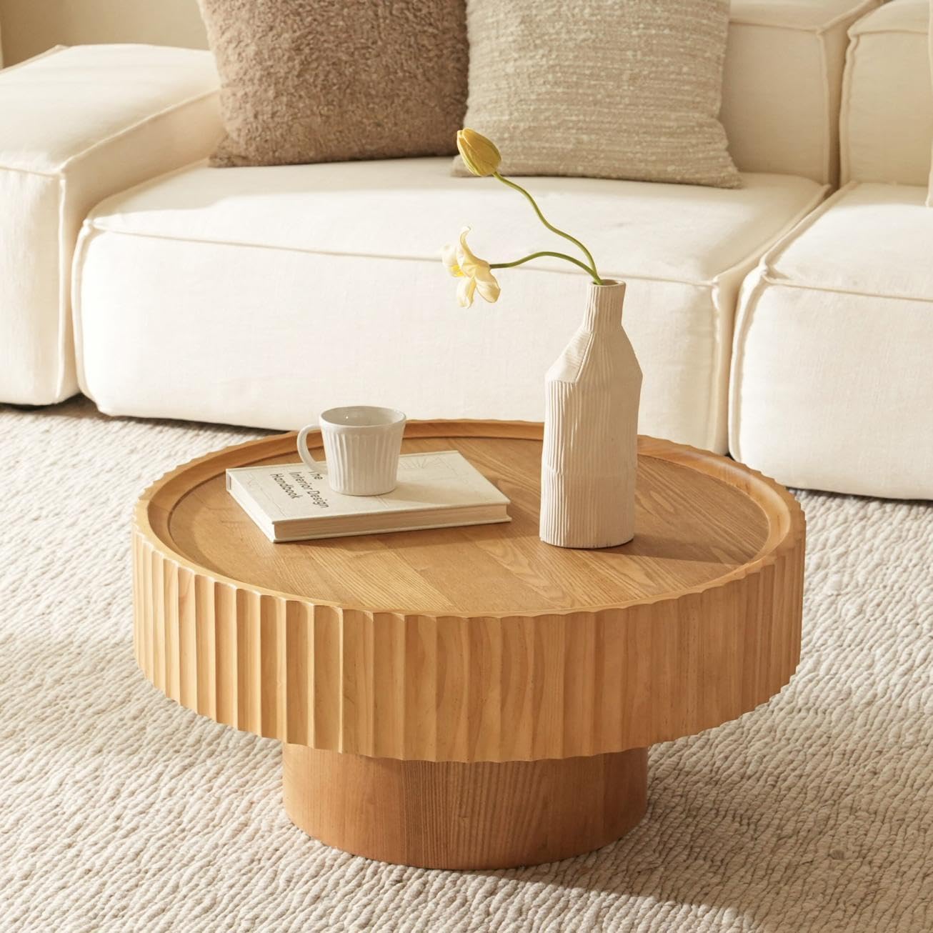 Round Coffee Table, 30.3in Modern Living Room Table, Fluted Drum Circle Tea Table with Storage, Accent Center Tables for Living Room, Apartment, Small Space (Nature Wood)