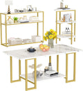 Lamerge Living Room Table Set of 3,Faux Marble Coffee Table & 3-Tier Side Table & Console Tables,Modern Table Set with Gold Metal Frame, White &Gold, Rectangle with Console (LLRT-WG)