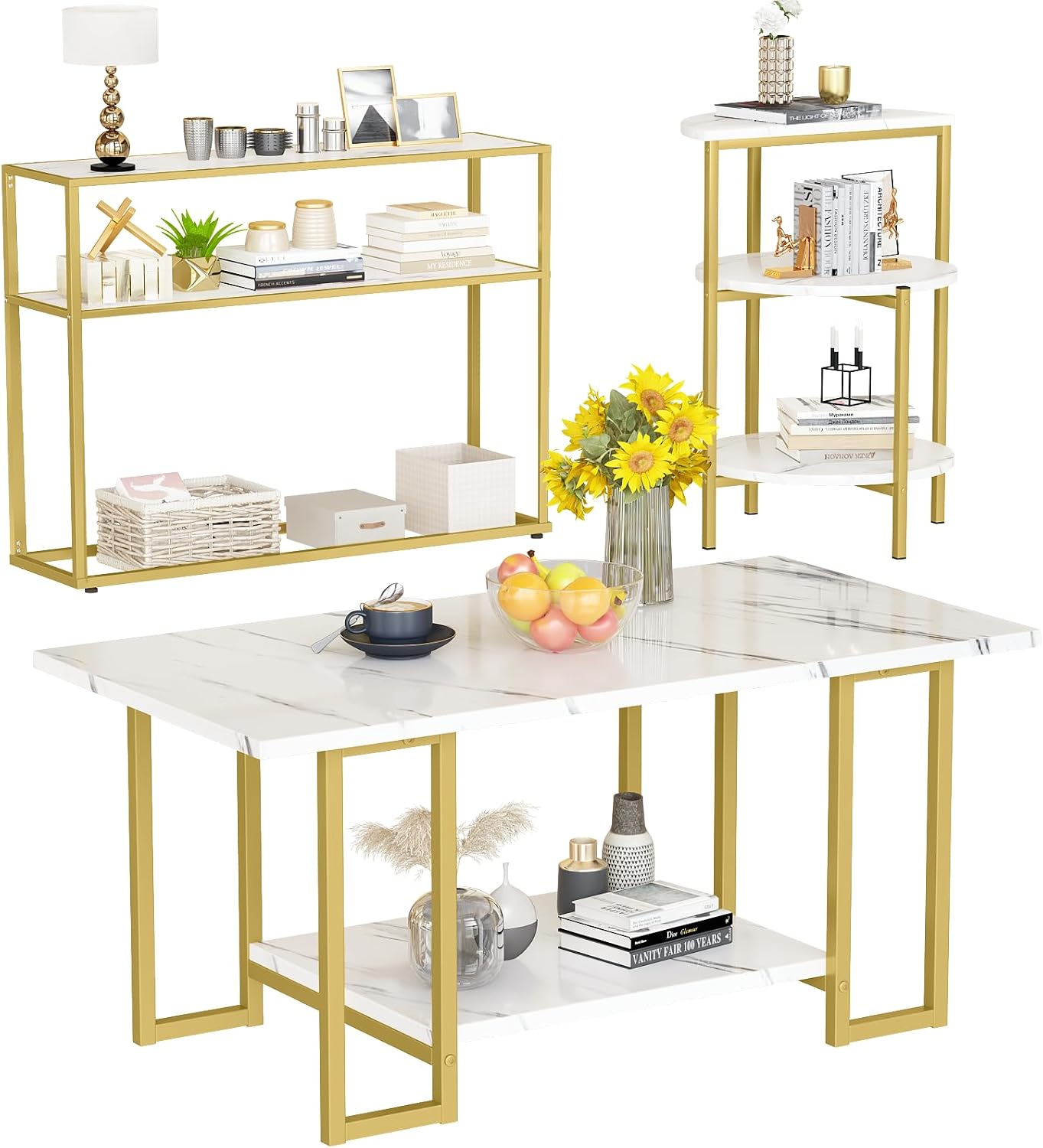 Lamerge Living Room Table Set of 3,Faux Marble Coffee Table & 3-Tier Side Table & Console Tables,Modern Table Set with Gold Metal Frame, White &Gold, Rectangle with Console (LLRT-WG)