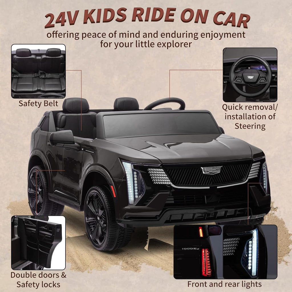 24V Ride On Car, Licensed Cadillac Battery Powered Electric Vehicle w/Remote Control, 2 Seater, 4-Wheel Shock Absorbers, Smooth Start, Music, LED Lights for Boys Girls