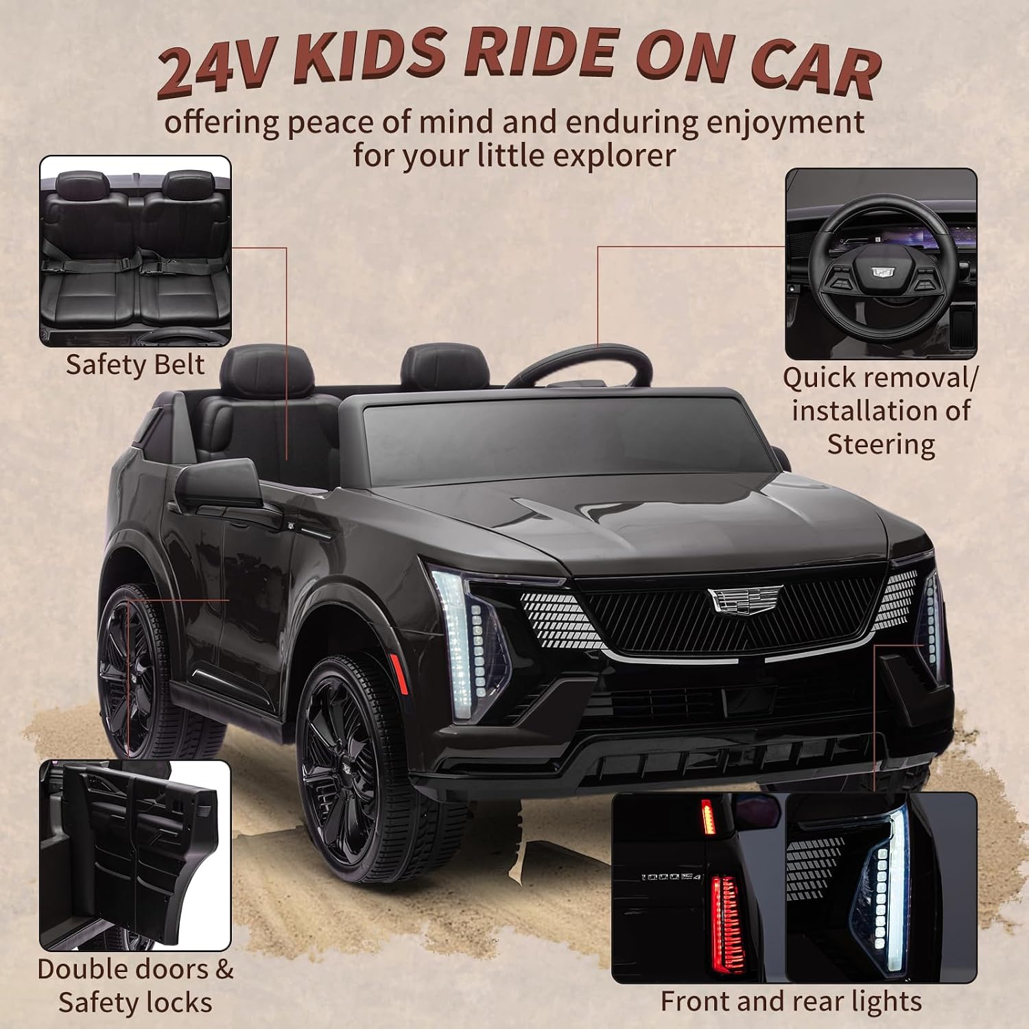 24V Ride On Car, Licensed Cadillac Battery Powered Electric Vehicle w/Remote Control, 2 Seater, 4-Wheel Shock Absorbers, Smooth Start, Music, LED Lights for Boys Girls
