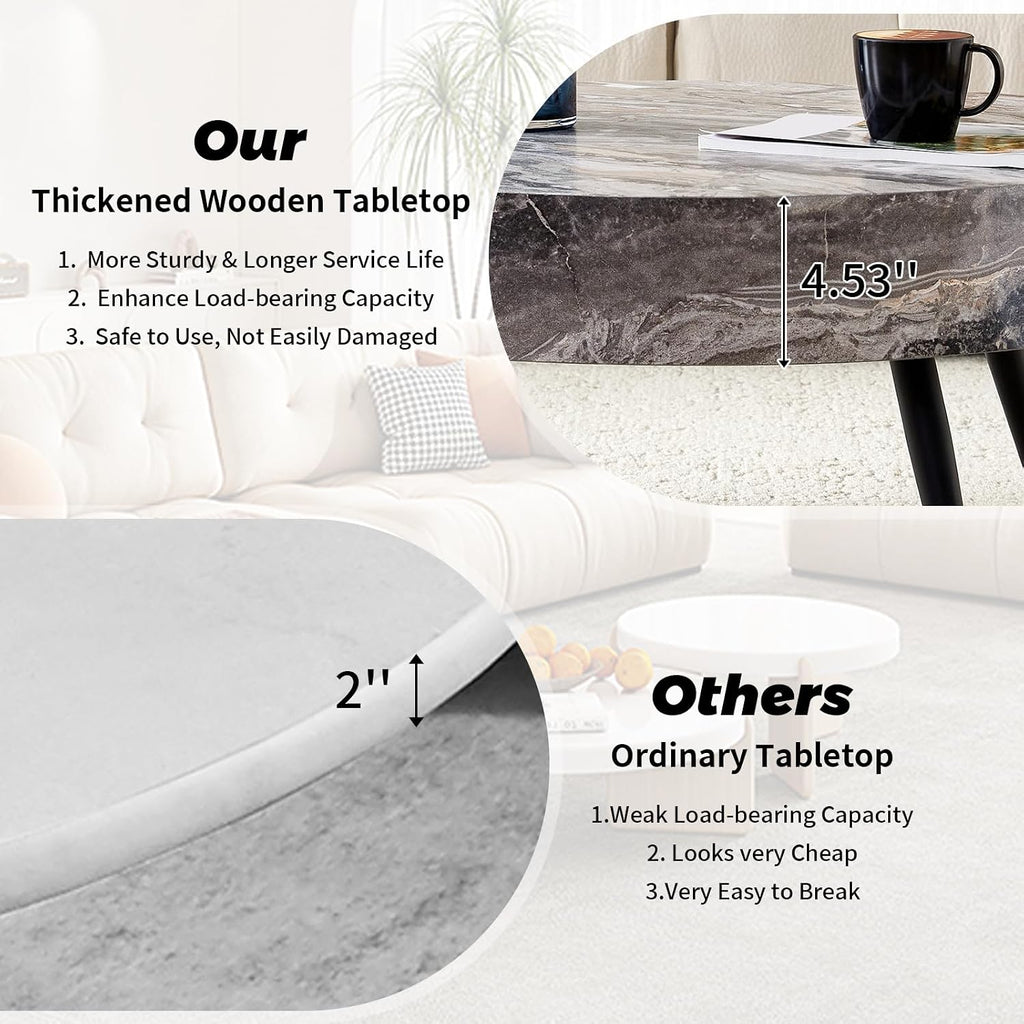 Round Coffee Table, Small Wood Marble Coffee Table with Storage, Modern Mid Century Circle Tables Accent Center Tables for Living Room Apartment Small Space (31.5''D-Marble Grey)