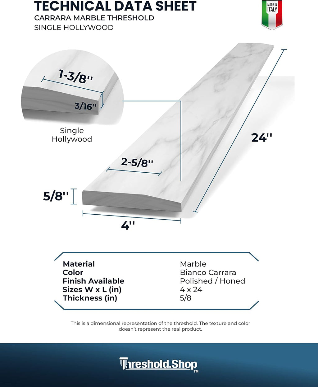 Single Hollywood Carrara Marble Threshold for Floor Transitions (Marble Honed, 4' x 24')