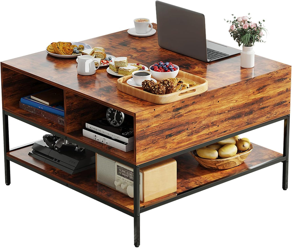 KEIKI 31.5' Flip-Top Coffee Table with Storage, Lift-Top Table, Dark Walnut & Black Metal, Farmhouse Modern Rectangular Living Room Table with Hidden Compartment & Open Shelves, Black