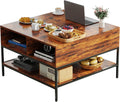 KEIKI 31.5' Flip-Top Coffee Table with Storage, Lift-Top Table, Dark Walnut & Black Metal, Farmhouse Modern Rectangular Living Room Table with Hidden Compartment & Open Shelves, Black