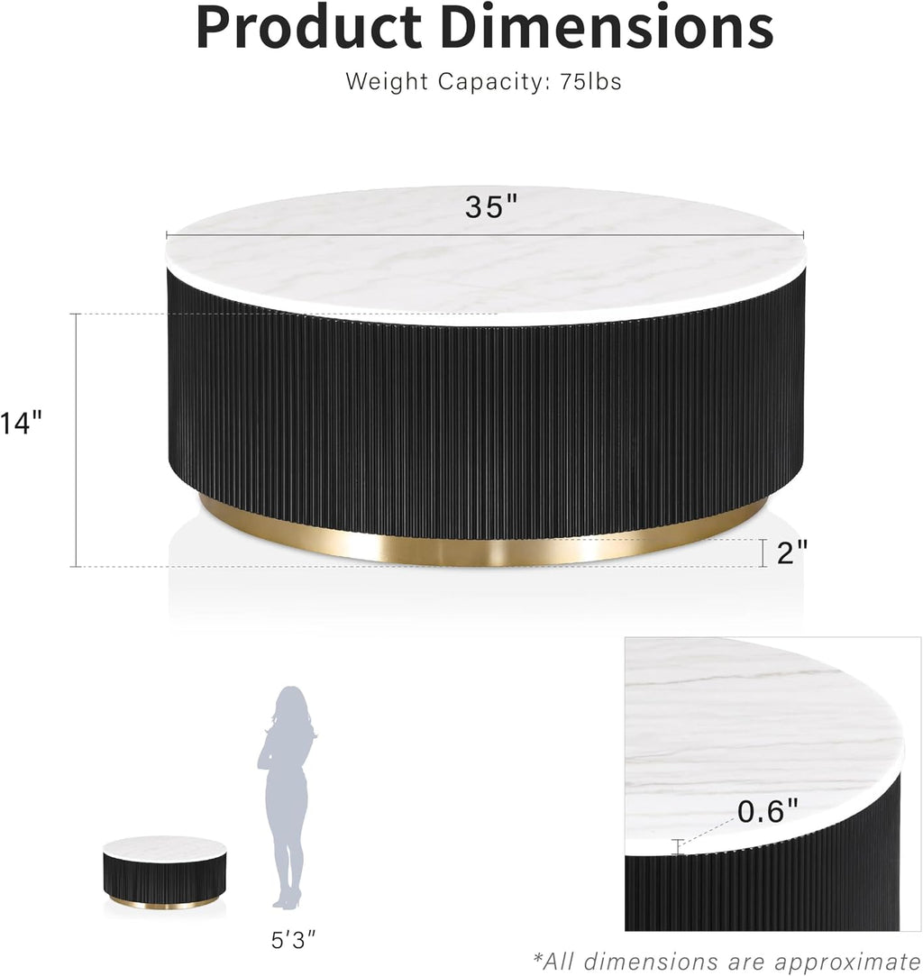 Furniture of America Beryl Modern Round White Genuine Marble Top Coffee Table with Fluted Pedestal Base and Gold Stainless Steel Accent, Low Profile Table for Living Room, Home Office, Black
