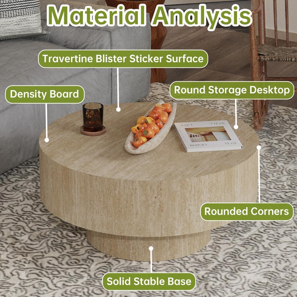 Round Fluted Coffee Table Round Drum Coffee Table for Living Room Modern Circular Pedestal Center Table (Circle Travertine 29.9in)