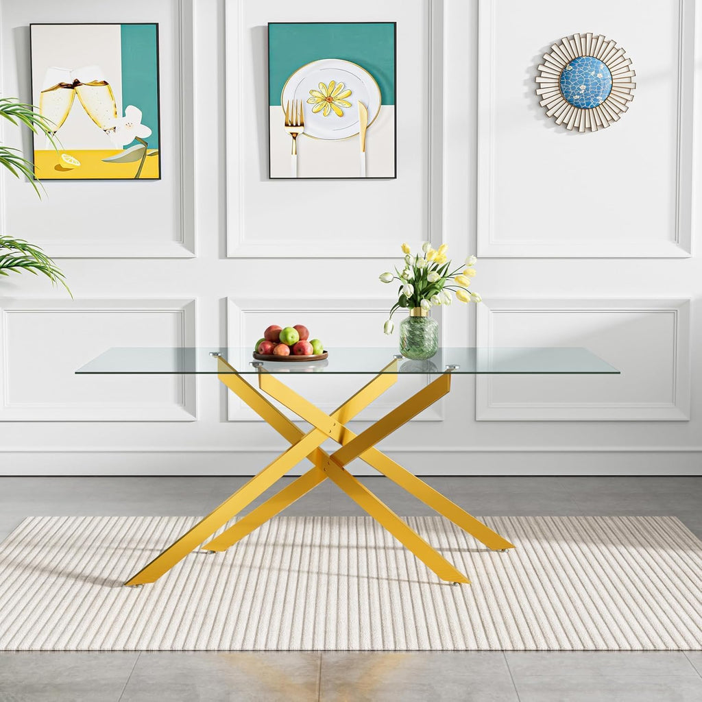61' Modern Dining Table Set for 6, Rectangular Tempered Glass Dining Table and 6 Beige Velvet Dining Chairs, Luxury 7 Piece Kitchen Dining Room Tables Set with Gold Chrome Metal X-Base