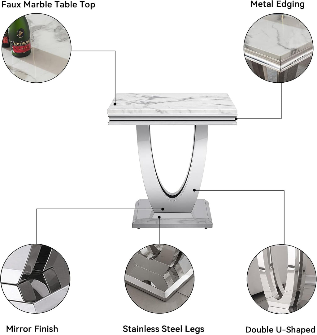 3 Pieces Coffee Table Set, Faux Marble Living Room Table Set of 3, Modern Coffee Table and 2 End Tables with Dual U-Shaped Stainless Steel Base for Living Room (White Silver)