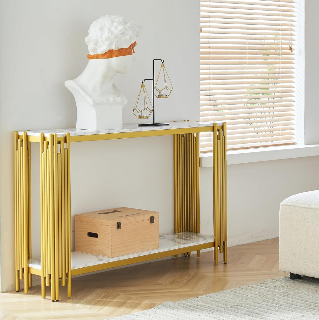 Gold Console Table, Modern 47.2' Entryway Table with Geometric Gold Metal Frame, 2 Tier White Faux Marble Sofa Table Behind Couch Table Accent Table for Entrance Living Room Hallway