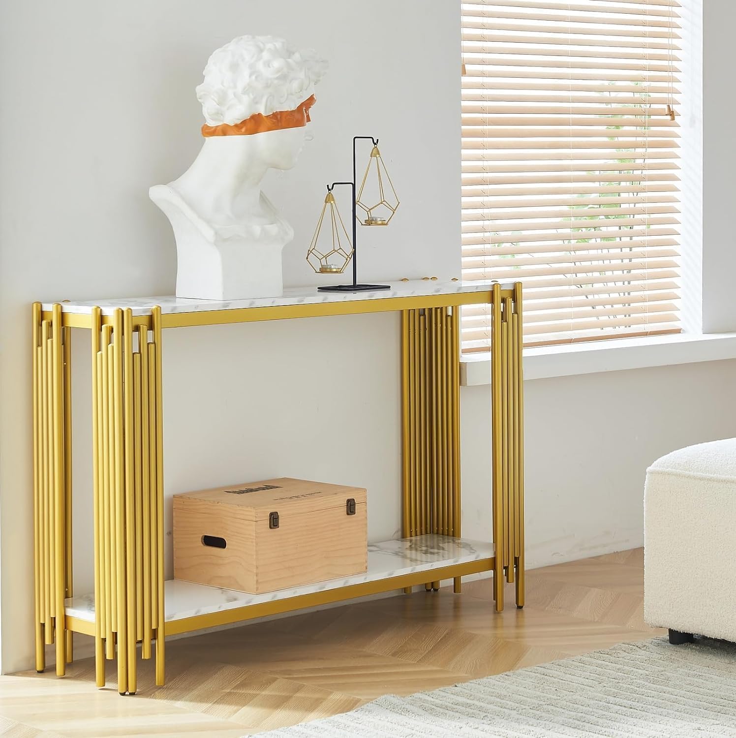 Gold Console Table, Modern 47.2' Entryway Table with Geometric Gold Metal Frame, 2 Tier White Faux Marble Sofa Table Behind Couch Table Accent Table for Entrance Living Room Hallway