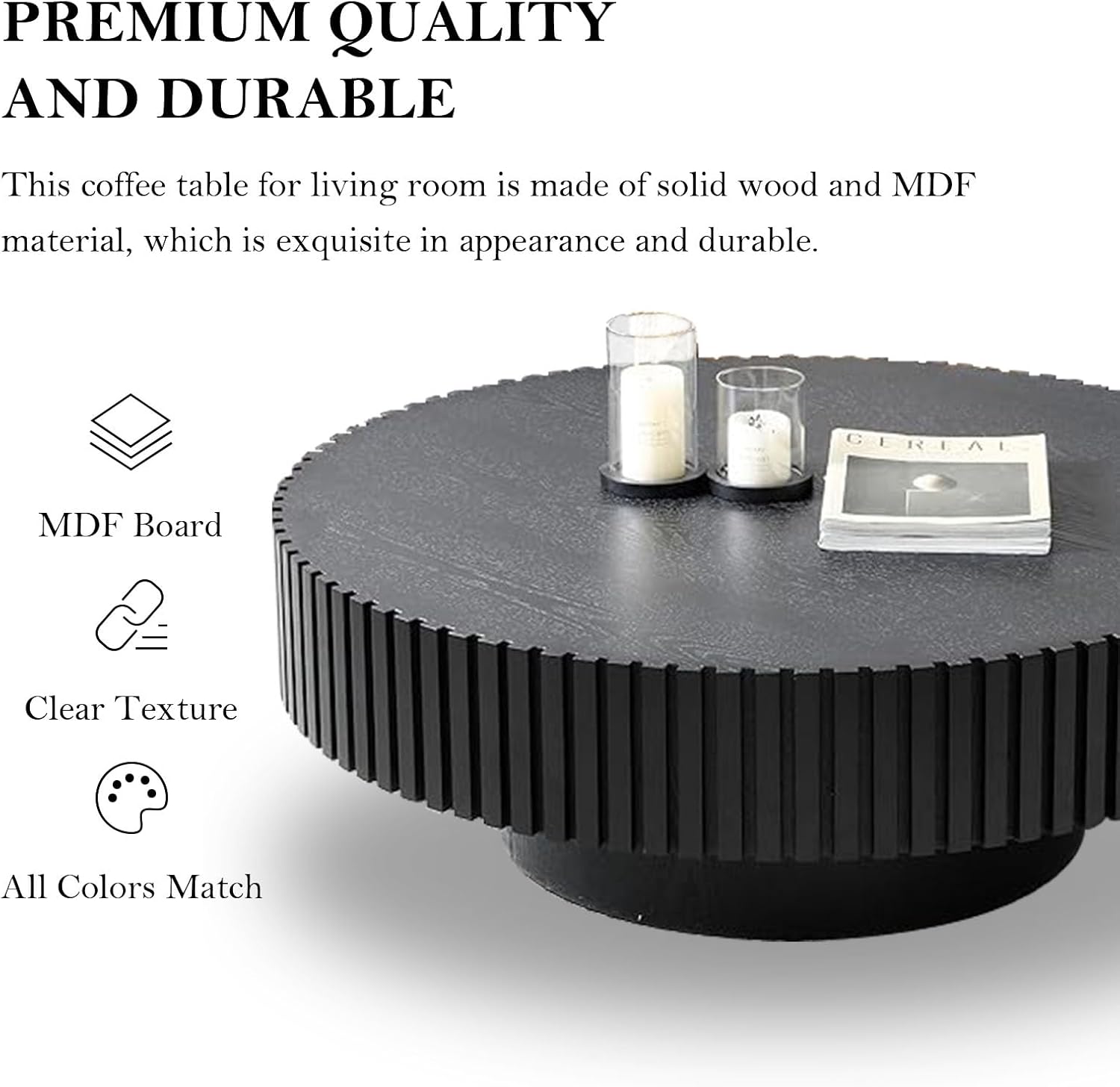 Round Coffee Table, Handcrafted Fluted Drum Coffee Tables Modern Wood Coffee Table Circle Drum Center Table for Living Room, Apartment (Round Black)