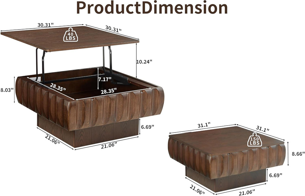 31.1'' Lift Top Coffee Table with Hidden Storage Space, Modern Drum Handcraft Wood Fluted Square Coffee Table for Living Room, Easy Assembly, Walnut