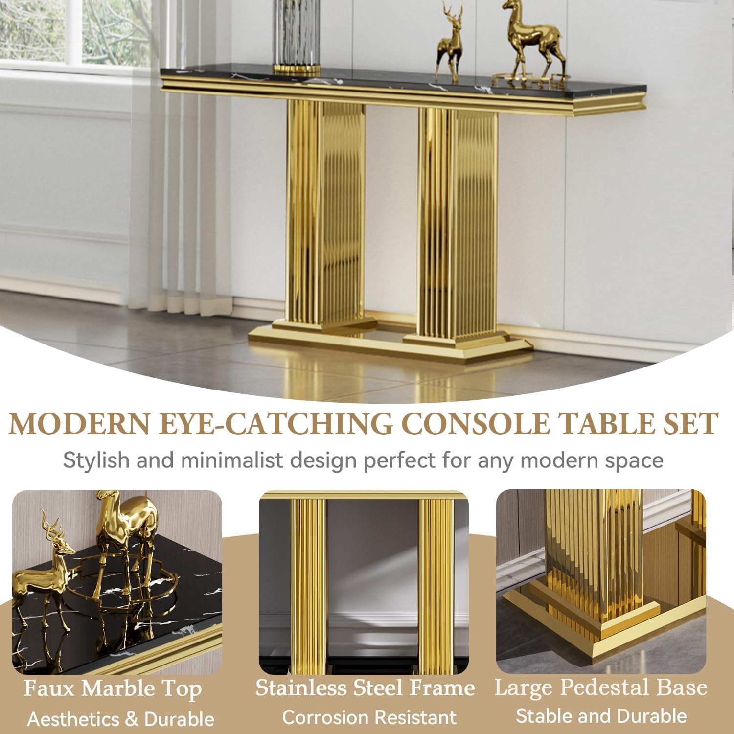 Modern 47' Rectangular Marble Console Table Luxury Black Faux Marble Entryway Table with Gold Column-Shape Stainless Steel Base Narrow Sofa Table Hallway Table for Living Room Entrance