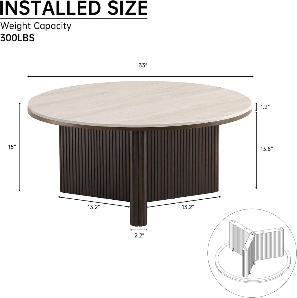 Morden Fort Round Coffee Table for Living Room, Faux Marble Coffee Table Sintered Stone Top & Solid Fluted Wood Base Modern Coffee Circle Table for Apartment Living Room Porch - 33'' Beige Top