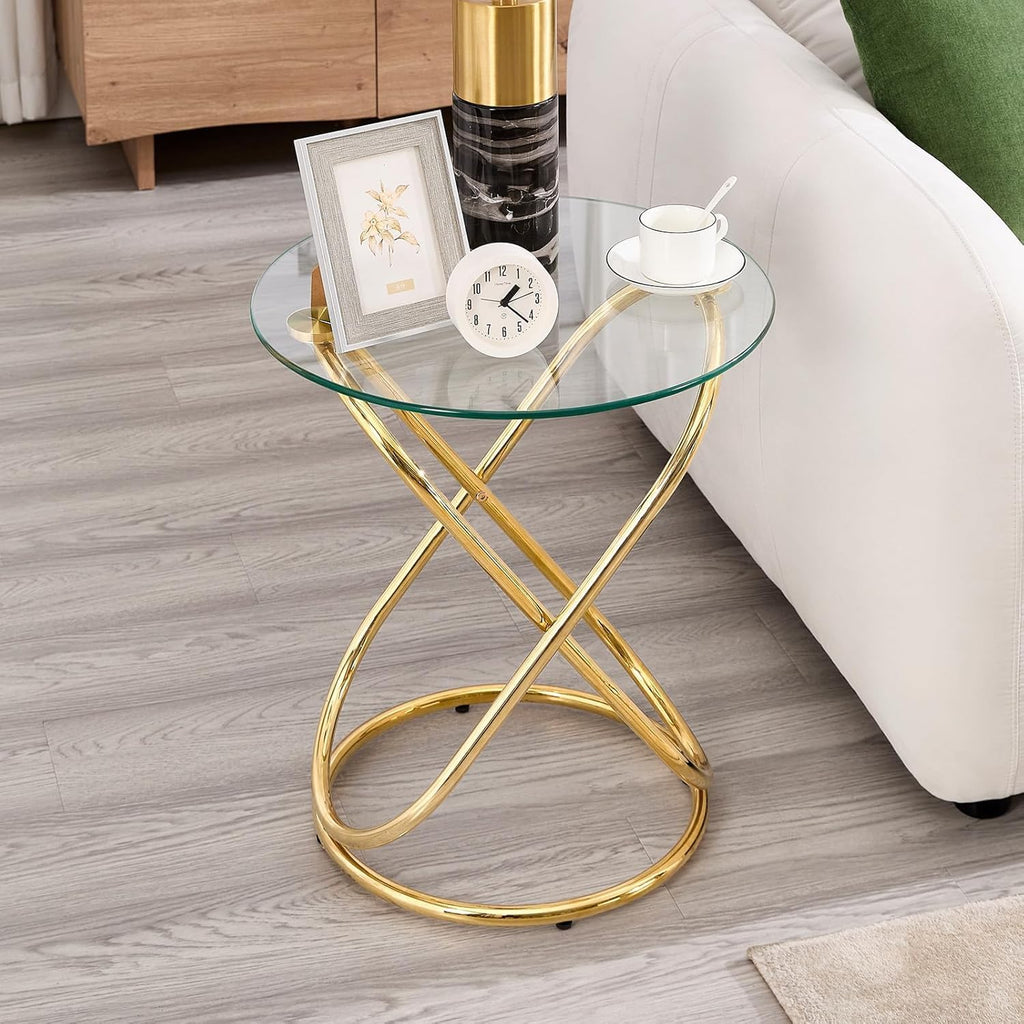 BECHAEO 19.7' Round Glass Gold Side Table Set of 2 with Gold-Plated Metal Ring-Shaped Frame for Living Room, Modern Round Glass End Table Nightstand for Bedroom, Small Side Table for Small Spaces