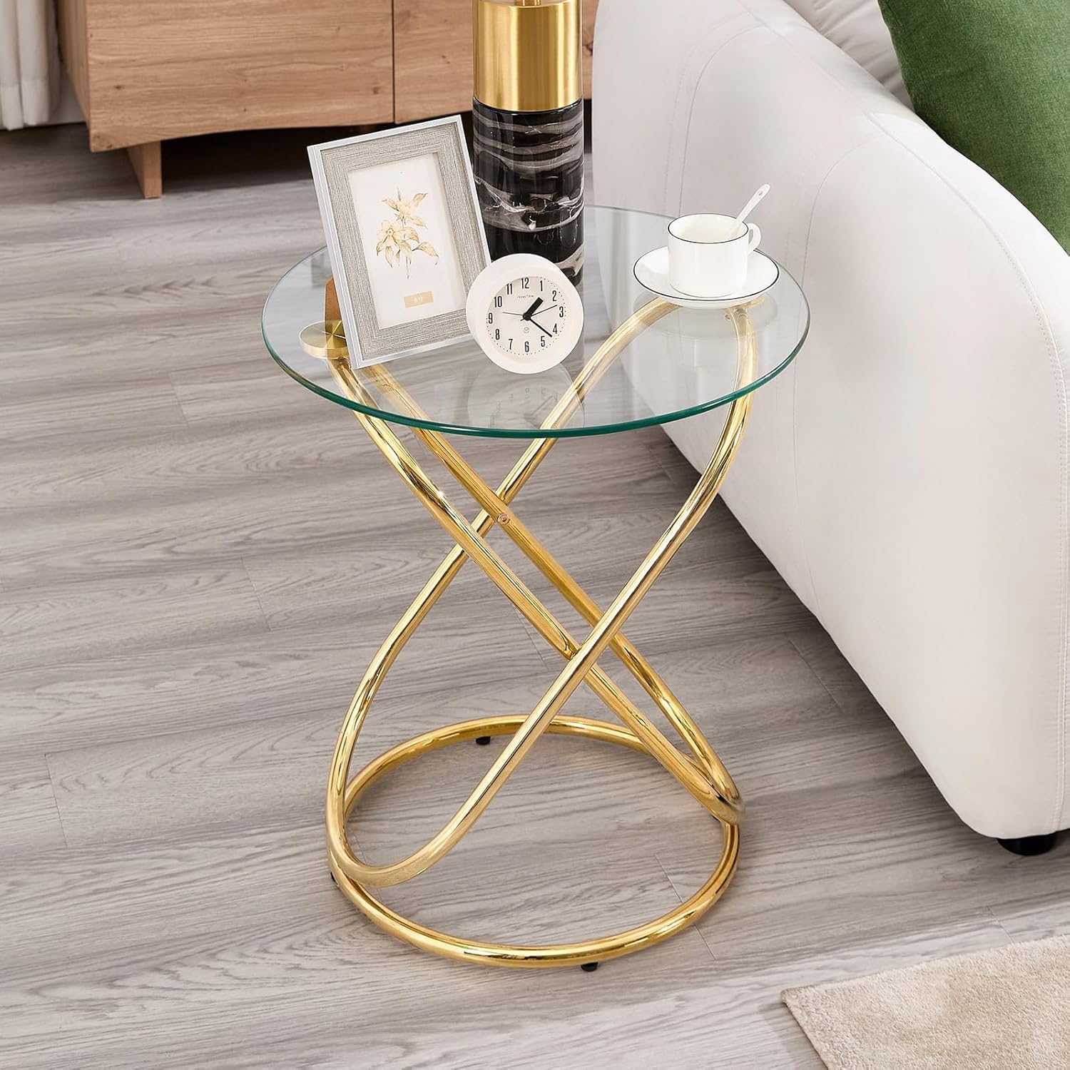 BECHAEO 19.7' Round Glass Gold Side Table Set of 2 with Gold-Plated Metal Ring-Shaped Frame for Living Room, Modern Round Glass End Table Nightstand for Bedroom, Small Side Table for Small Spaces
