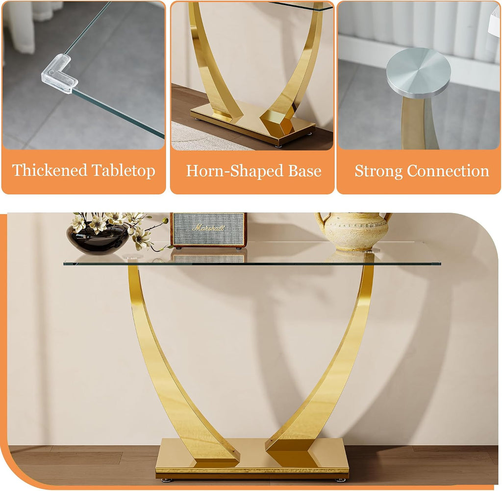 47' Glass Console Table, Modern Rectangular Sofa Table with Tempered Glass Top and Gold Horn-Shaped Stainless Steel Base for Living Room, Entryway, Hallway