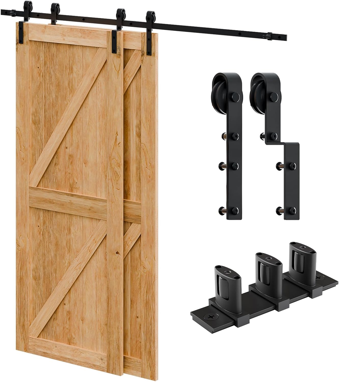 11 Feet Bypass Sliding Barn Door Hardware Kit for Double Wooden Doors-Single Track with Bypass Door Floor Guide