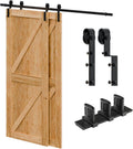 10 Feet Bypass Sliding Barn Door Hardware Kit for Double Wooden Doors-Single Track with Bypass Door Floor Guide