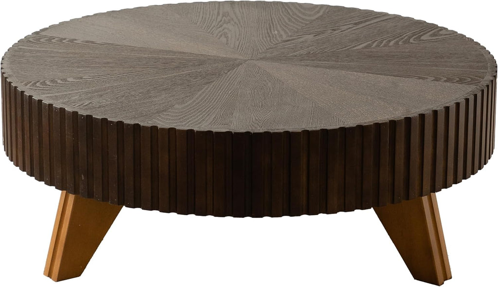 35.4'' Round Coffee Table Wood Modern Coffee Table for Living Room, Easy Assembly, Black Brown