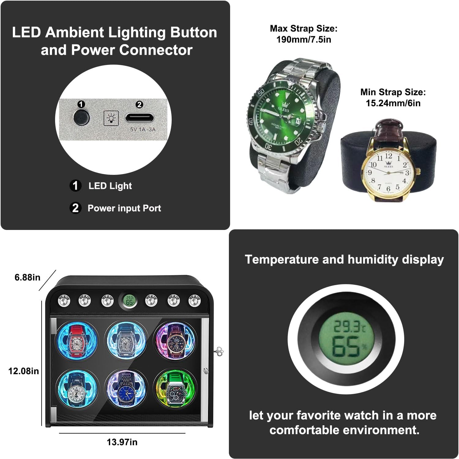 Watch Winder for Automatic Watches, Watch Winders Box 1/2/4/6/9 Slot for Rolex,Silent Motor, 4 Rotation Mode Setting,Built-in led Lights,Gift for Man