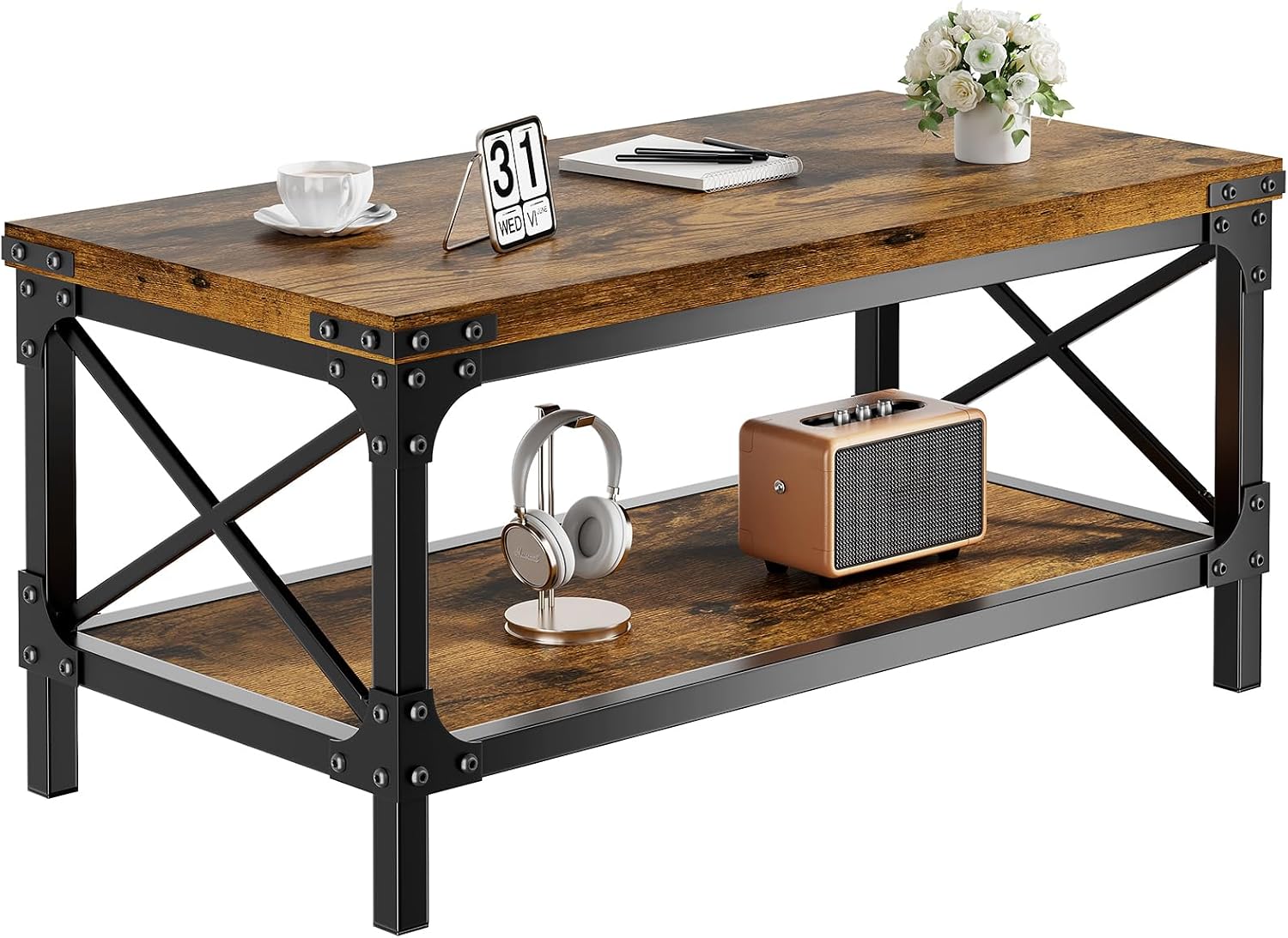 Rectangle Coffee Tables for Living Room, Wood Rectangular Coffee Table, 2 Tier Industrial Modern Center Table with Thickened Tabletop and Metal Frame, 40 inch Long (Rustic Brown)
