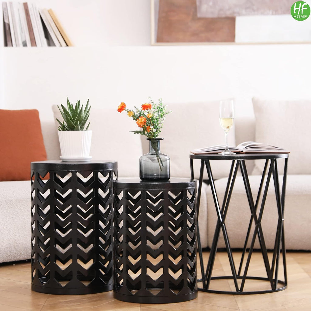 HFHOME Multifunctional Nesting Round Metal Coffee End Tables, Set of 3 Modern Furniture Nightstands Decor Side Tables Plant Stand for Home Office Indoor Garden Outdoor- Pure Black