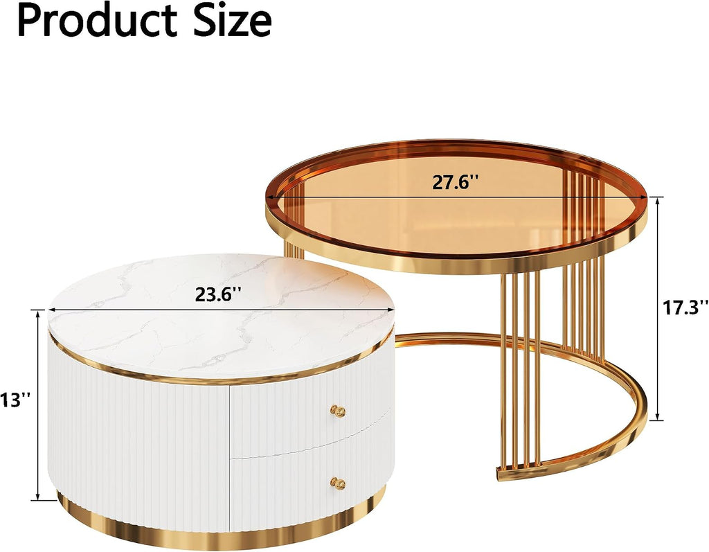 Modern 2 Pieces Round Nesting Coffee Table with Drawers and Brown Tempered Glass Top（27.6'+23.6'