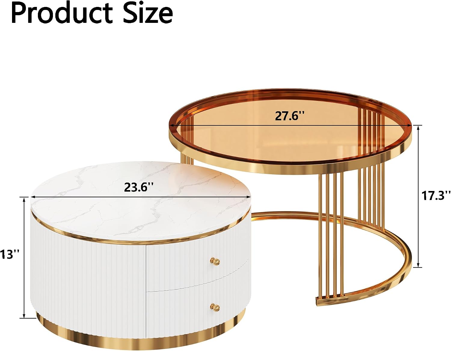 Modern 2 Pieces Round Nesting Coffee Table with Drawers and Brown Tempered Glass Top（27.6'+23.6'