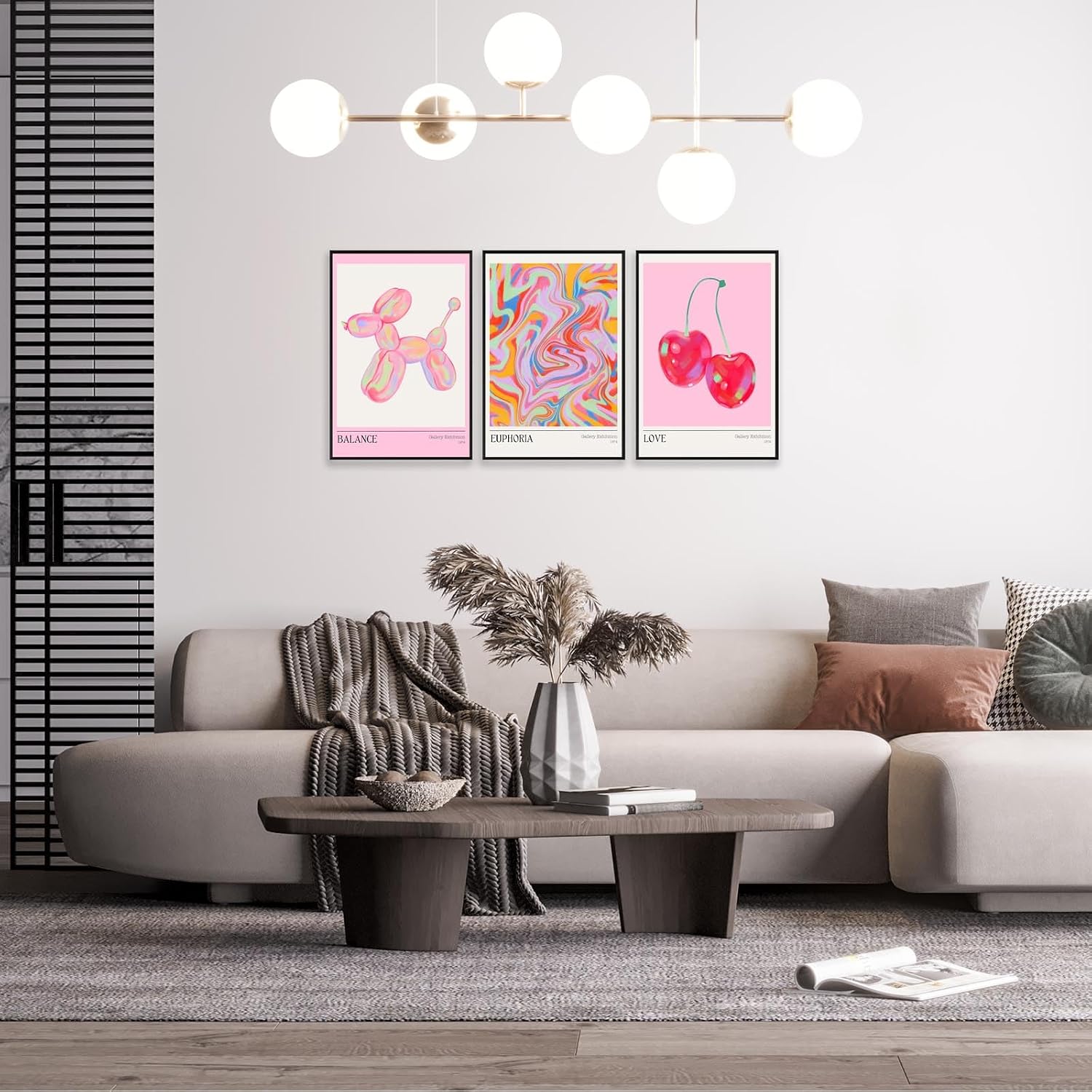 Trendy Set Of 3 Pink Cherry Cute Balloon Dog Posters Preppy Style Room Aesthetic Canvas Wall Art Gradient Aura Fresh Fruit Prints Painting For Home Bedroom Dorm Wall Decor 16X24in Black Frame